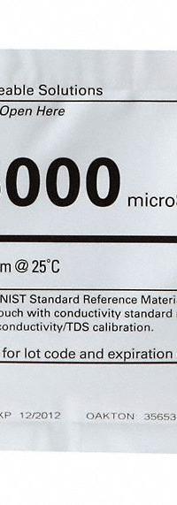 OAKTON Conductivity Calibration Solution: ACS, 20 mL Volume, Liquid, 15,000 microsiemens, Foil, 20 (MPN 35653-13). Key specifications — Brand: OAKTON; CAS Number: 71-23-8; Chemical Family Type: Solution; Chemical Grade: ACS; Concentration: 15,000 microsiemens; Container Material: Foil; Container Type: Pouch; Form: Liquid.