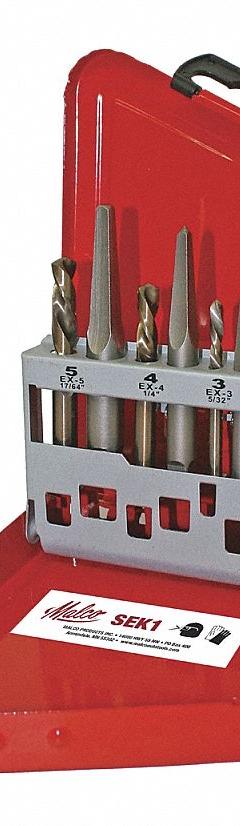 MALCO Screw Extractor Set: 10 Pc, Straight Flute, Size #1/#2/#3/#4/#5 (MPN SEK1). Key specifications — attr1030229: MALCO; attr1030235: #5; attr1030236: 1/4 in to 5/8 in; attr1030241: 19/64 in; attr1030246: SEK1; attr1075326: M3 to M15.