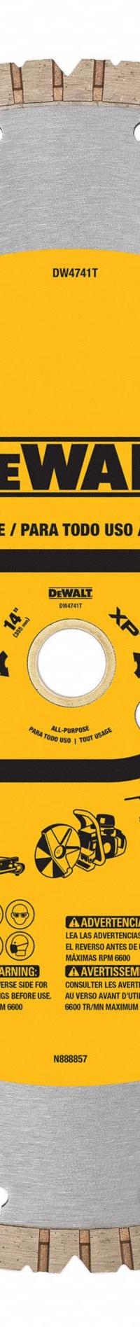 DEWALT Diamond Saw Blade: Block/Brick/Concrete, 14 in Blade Dia., 1 in Arbor Size, Wet/Dry, Better (MPN DW4741T). Key specifications — attr1097734: Wet/Dry; attr1097738: Small Flat Saw; attr1097751: DEWALT.