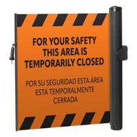MODUS Mounted Barrier: Fixed Mount, 11 1/2 ft Belt Lg, Restricted Access Messaging, Orange (MPN ZP+MPP-O-IH). Key specifications — Message Color: Black; Frame Color: Black; Brand: MODUS; Belt Color: Orange.