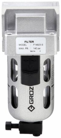 GROZ Compressed Air Filter: Particulate, 3/8 in NPT, 40 micron, 80 cfm, 145 psi Max Op Pressure (MPN F14923-S). Key specifications — attr110055: Intermediate Duty; attr110008: GROZ.