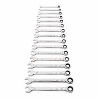 GEARWRENCH Combination Ratcheting Wrench Set: Alloy Steel, Full Polish Chrome, 16 Tools, Std, SAE (MPN 86928). Key specifications — attr309581: Full Polish Chrome; attr309580: Alloy Steel; attr309571: No; attr309583: No; attr309587: Yes; attr324931: GEARWRENCH; attr309569: 8 mm to 25 mm.
