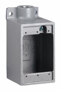 HUBBELL KILLARK Device Box: Iron, Rectangular, 1 Gangs, 1 in Hub Size, 28 cu in Capacity, Gray (MPN FD-3M). Key specifications — Color: Gray; Brand: HUBBELL KILLARK.