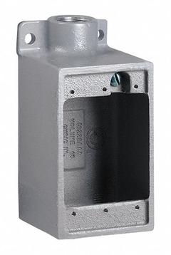 HUBBELL KILLARK Device Box: Iron, Rectangular, 1 Gangs, 1 in Hub Size, 28 cu in Capacity, Gray (MPN FD-3M). Key specifications — Color: Gray; Brand: HUBBELL KILLARK.