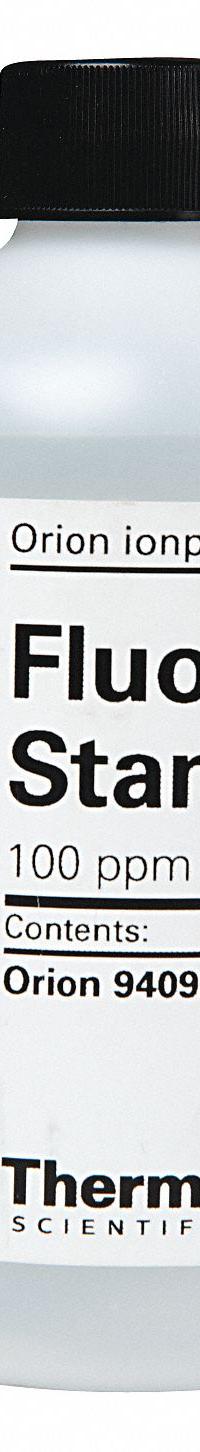 THERMO SCIENTIFIC ORION Fluoride Standard: Lab, 475 mL Volume, 100 ppm, 940907, 1. Key specifications — Brand: THERMO SCIENTIFIC ORION; Chemical Grade: Lab; Concentration: 100 ppm; Manufacturer Part Number: 940907; Product Type: Fluoride Standard.