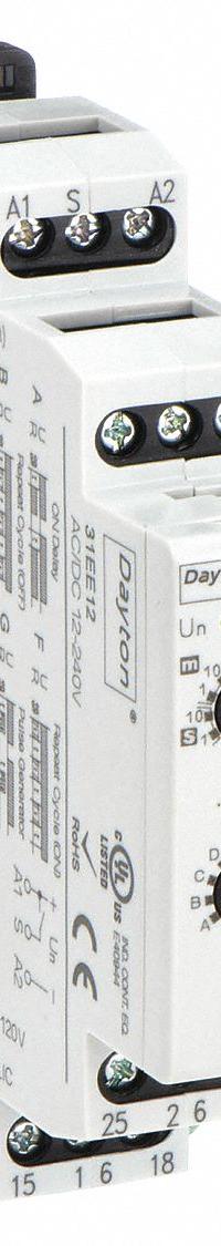 DAYTON Multi-Function Time Delay Relay: DIN-Rail Mounted, 12 to 240V AC/DC, 15 A, 9 Pins/Terminals (MPN 31EE12). Key specifications — Delay Function: Watchdog; Input Voltage: 12 to 240V AC/DC; Brand: DAYTON.