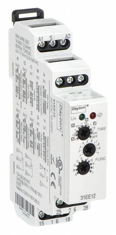 Dayton Multi-Function Time Delay Relay: DIN-Rail Mounted, 12 to 240V AC/DC, 15 A - DIN-Rail Mounted Relays