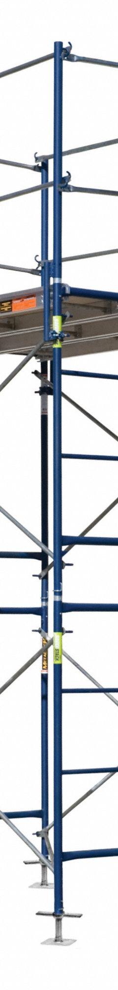 METALTECH Scaffold Tower: Steel, 5 ft to 10 ft, 84 in x 57 in, 2,500 lb Load Capacity (MPN M-MFT5710-A). Key specifications — Brand: METALTECH; Height Adjustability: Fixed Height; Included Components: (8) Pig Tail Locks.