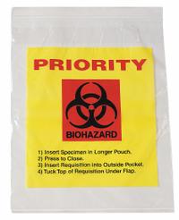 Specimen Transfer Bag: LDPE, Biohazard, 2 mil Thick, Clear, 15 in Overall Ht, Non-Sterile, 1,000 PK (MPN LAB21215YT). Key specifications — Brand: APPROVED VENDOR; Closure Type: Zipper; Product Type: Dual Pouch Specimen Bag; Manufacturer Part Number: LAB21215YT; Color: Clear; Display Sell UOM: PK; Legend: Biohazard.