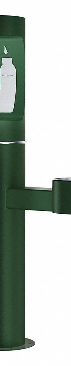 ELKAY COMMERICAL Drinking Fountain with Bottle Filler: Freestanding, 64 in Ht, 14 in Dp, Green (MPN LK4420BF1UEVG). Key specifications — Housing Color: Green; Brand: ELKAY COMMERICAL; Vandal Resistant: Vandal Resistant; Housing Material: Stainless Steel; Refrigeration: Non-Refrigerated.