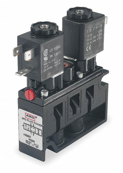 ARO Solenoid Air Control Valve: Alpha, Four-Way / Three-Position, 120V AC, 1/4 in Female NPT - ARO Alpha Series Solenoid-Operated Inline Air Control Valves