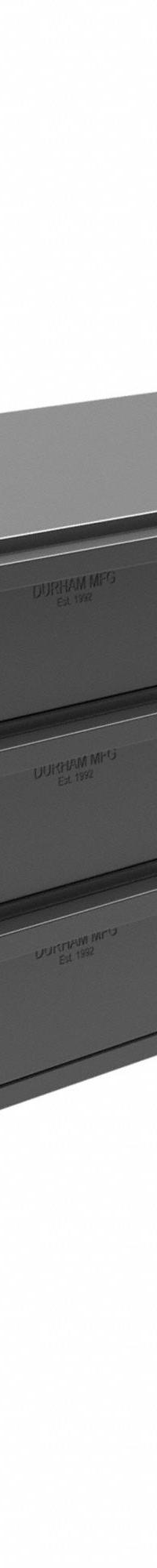 DURHAM MFG Drawer Bin Cabinet: 33 3/4 in x 12 1/4 in x 11 in, 18 Drawers, Stackable, Steel, Gray (MPN 005-95). Key specifications — Cabinet Material: Steel; Includes Dividers: Yes; Cabinet Finish: Powder Coated; Drawer Color: Gray; Cabinet Style: Drawer; Assembled: Assembled; Drawer Inside WxDxH: (18) 5-15/32 in x 11-1/4 in x 3-3/16 in; Cabinet Color: Gray.