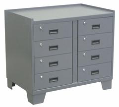 JAMCO Storage Cabinet: 36 in x 24 in x 33 in, 8 Drawers, (8) 5 in x 16 in x 16 in, Pull, Keyed, Legs (MPN JL236GP). Key specifications — Base Type: Legs; Cabinet Color: Gray; Brand: JAMCO; Drawer HxWxD: (8) 5 in x 16 in x 16 in.