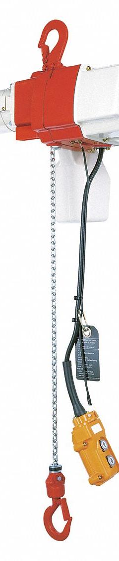 HARRINGTON Electric Chain Hoist: H3 - Std Duty, 120V AC, Hook Mounted - No Trolley, 2 Speeds (MPN ED525DS-20). Key specifications — Brand: HARRINGTON; Includes: Pendant; Operating Voltage: 120V AC; Headroom Clearance: 28 in - 30 in.