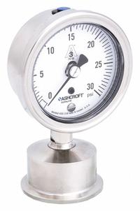 ASHCROFT Pressure Gauge: 0 psi to 30 psi, 2 1/2 in Dial, 1 1/2 in Tri-Clamp, Bottom, ±1.50% Accuracy (MPN 25-1032S-15L-30). Key specifications — Brand: ASHCROFT; Case Material: 316L Stainless Steel; Lens Material: Polycarbonate; Pressure Gauge Type: Sanitary Pressure Gauge; Accuracy: ±1.50%; Includes Calibration Certificate: No; Series: 1032S; Vibration Resistance: Water Resistant.