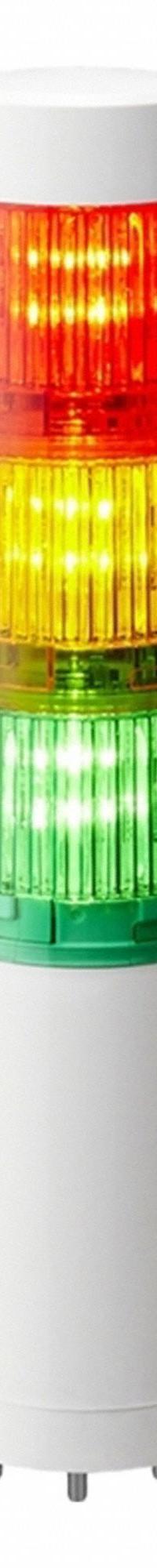 PATLITE Tower Light Assembly: 3 Tier, No Sounder Tier, IP65, Amber/Green/Red, Direct Wire, Steady (MPN LR4-302WJNW-RYG). Key specifications — Manufacturer Part Number: LR4-302WJNW-RYG; Brand: PATLITE; Operating Voltage: 24V DC; Light Tier Color: Green.