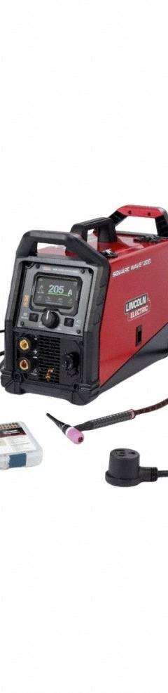 LINCOLN ELECTRIC TIG Welder: Square Wave 205, AC/DC, Stick/TIG Pack w/Foot Control (MPN K5613-1). Key specifications — Maximum Amperage (TIG): 205 A; Phase: Single-Phase; Input Frequency: 60 Hz; Rated Output at Duty Cycle (TIG) (Merch - Table Column, Filters): 85 A @ 100%; Input Voltage (Nominal) (Merch - Table Column, Filters): 120V.
