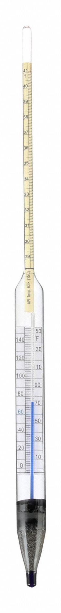 API Hydrometer: API Plain Form, 29/41°, 0.1°, Ballast/Glass, +/-0.1°, 15 in Overall Ht (MPN B61823-0300). Key specifications — Features: 0 to 150ºF Thermometer; Range: 29/41°; Scale Divisions: 0.1°; Scale Type: API Plain Form.