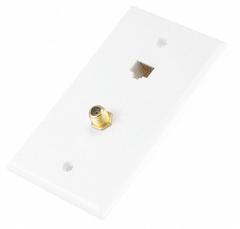 MONOPRICE Audio/Video Wall Plate: 1 Gang, 1 Port, With F-Type, White (MPN 7838). Key specifications — Brand: MONOPRICE; Material: Plastic; Color: White; Compatible Connector Type: F-Type; Outlet Orientation: Vertical; Module Style: Flat.