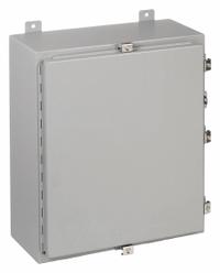 WIEGMANN Enclosure: Steel, 24 in x 20 in x 8 in, NEMA 12/13/4, Solid Cover, Hinged (MPN N4242008). Key specifications — Closure Method: Clamps; Brand: WIEGMANN; Knockouts: Not Included.