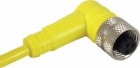 Cordset: 1/2"-20 Female Right Angle x Bare Wire, 3 Pins, Yellow, PVC, 2 m Cable Lg, 22 AWG Wire Size (MPN E18214). Key specifications — Brand: IFM; Cable Jacket Color: Yellow; IP Rating: IP67; Wire Size: 22 AWG.