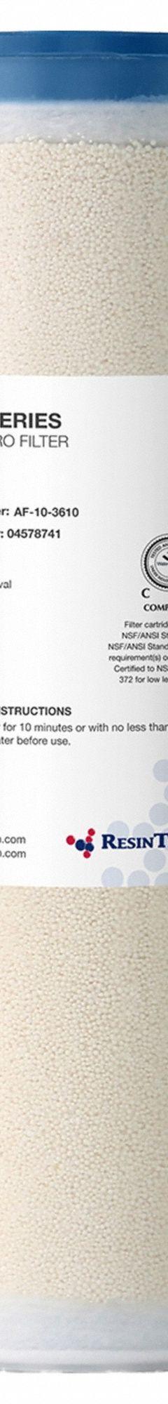 RESINTECH Nitrate Cartridge: Ions, 0.4 lpm Flow Rate, SIR100HP, AF-10-3610, 2 1/2 in Overall Dia, 1. Key specifications — Media Within: SIR100HP; Material: Thermoplastic Elastomer; Product Type: Nitrate Cartridge; Manufacturer Part Number: AF-10-3610.