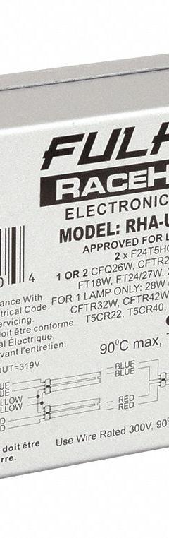 FULHAM CFL Ballast: 120 to 277V AC, 1/2 Lamps Supported, 18 W_28 W_38 W_39 W Bulb Watt (MPN RHA-UNV-226-C). Key specifications — Lamp Types Supported: (1) T5CR40; Brand: FULHAM; Number of Lamps Supported: 1.