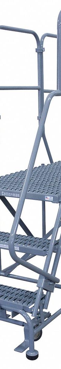 COTTERMAN Mobile Work Platform: 2.5 ft Platform Ht - Max, 36 in x 72 in, Steel, 800 lb Load Capacity (MPN 3DWP3672RA3B4CC1P6). Key specifications — Folding: Not Foldable; Mobility: Rolling; Components Included: Rubber Foot Pads; Use Location: Indoor; Brand: COTTERMAN; Color: Gray; Height Adjustability: Fixed Height; Includes Handrails: Handrails Included.