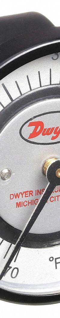 DWYER Clip Pipe Mount Dial Thermometer: 70°F to 500°F, +/- 2% Accuracy, 2 in Dial Dia (MPN STC471). Key specifications — Accuracy: +/- 2%; Brand: DWYER.