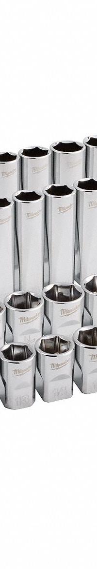 MILWAUKEE Socket Set 98pc 6pt & 12pt: 3/8 in Drive Size, 98 Pieces, (24) 12-Point/(24) 6-Point (MPN 48-22-9285). Key specifications — attr1226214: PACKOUT™; attr1204251: MILWAUKEE; attr1215453: 3/8 in; attr1215454: 8 mm to 19 mm (Deep); attr1224229: Friction.