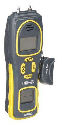 GENERAL Moisture Meter: Digital, LCD with Backlight, Pin/Pinless, Carrying Case/PIND4E Repl Pin (MPN MMH800). Key specifications — attr999354: Digital; attr1009284: Flat Pinless; attr1009272: Auto Power Off; attr999347: Drywall; attr999350: LCD with Backlight; attr999383: ±3% of Reading + 5 Digits (Pin Mode); attr999345: GENERAL.