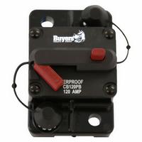 Automotive Circuit Breaker: CB, 42V DC, 120 A at 42V DC, Stud (MPN CB120PB). Key specifications — Series: CB; Voltage: 42V DC; Interrupt Rating: 120 A at 42V DC; Terminal Connection: Stud; Circuit Breaker Type: Hi-Amp Circuit Breaker; Brand: BUYERS PRODUCTS.