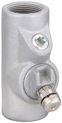 Sealing Fitting with Drain - Vertical: Iron, 1 1/2 in Trade Size, Female, 5 1/2 in Overall Lg (MPN EYD-5). Key specifications — Brand: APPLETON ELECTRIC; Connection Type: Threaded; Thread Gender: Female; Ends - Hazardous Fittings: 1-1/2 in FNPT x 1-1/2 in FNPT; Material: Iron; Hazardous Location Rating: Class I, Division 1 and 2, Groups C, D; Thread Type: NPT; Standards: CSA C22.2 No 30.