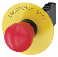 SIEMENS Emergency Stop Push Button: Non-Illuminated, Mushroom Head Profile, Non-Metallic, 22 mm (MPN 3SU1100-1HA20-1FG0). Key specifications — Brand: SIEMENS; Action: Maintained; Series: 3SU; Push Button Material Type: Non-Metallic.