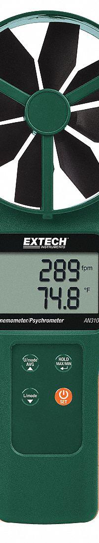 EXTECH Anemometer: 1 fpm Air Velocity Resolution, Dew Point/Relative Humidity, Rotating Vane, AN310. Key specifications — Data Logging: No; Manufacturer Part Number: AN310; Brand: EXTECH; Temperature Accuracy: +/-1.1°F; Digital Display Screen Type: LCD; Display Type: Digital; Includes: Carrying Case; Power Source: Battery.