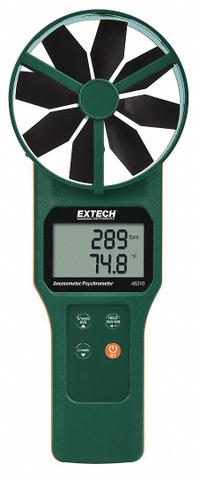 EXTECH Anemometer: 1 fpm Air Velocity Resolution, Dew Point/Relative Humidity, Rotating Vane, AN310. Key specifications — Data Logging: No; Manufacturer Part Number: AN310; Brand: EXTECH; Temperature Accuracy: +/-1.1°F; Digital Display Screen Type: LCD; Display Type: Digital; Includes: Carrying Case; Power Source: Battery.