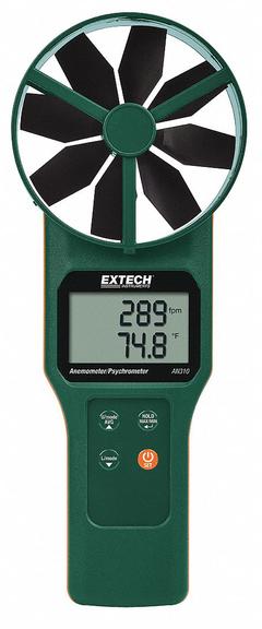 EXTECH Anemometer: 1 fpm Air Velocity Resolution, Dew Point/Relative Humidity, Rotating Vane, AN310. Key specifications — Data Logging: No; Manufacturer Part Number: AN310; Brand: EXTECH; Temperature Accuracy: +/-1.1°F; Digital Display Screen Type: LCD; Display Type: Digital; Includes: Carrying Case; Power Source: Battery.