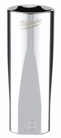 MILWAUKEE Deep Well Socket: Metric, 3/8 in Drive Size, 18 mm Socket Size, 6-Point, Deep, Chrome (MPN 45-34-0118). Key specifications — attr1204417: MILWAUKEE; attr1204392: Chrome.