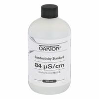 OAKTON Conductivity Calibration Solution: ACS, 500 mL Volume, Liquid, 84 microsiemens, Plastic, 1 (MPN WD-00653-16). Key specifications — Brand: OAKTON; CAS Number: 7732-18-5; Chemical Family Type: Solution; Chemical Grade: ACS; Concentration: 84 microsiemens; Container Material: Plastic; Container Type: Bottle; Form: Liquid.