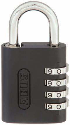 ABUS Combination Padlock: Scrolling Combo, Black, Aluminum, Std Shackle, Steel Shackle (MPN 145/40 Black). Key specifications — Dial Color: Silver; Brand: ABUS.