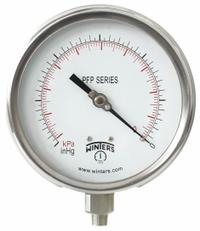 WINTERS Panel-Mount Compound Gauge: Back Flange, 0 psi to 60 psi, 4 1/2 in Dial, 1/4 in NPT Male, 4X (MPN PFP703-DRY-45BF). Key specifications — Accuracy: ±1.0%; Brand: WINTERS; Vibration Resistance Properties: Field-Fillable; Gauge Wetted Parts: Stainless Steel.