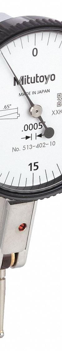 MITUTOYO Horizontal Dial Test Indicator: 0 in to 0.03 in, Horizontal, Inch, +/- 0.0005 in (MPN 513-402-10T). Key specifications — attr1184166: 5/32 in Swivel Clamp; attr1200917: Horizontal Dial Test Indicator; attr1184127: 513-402-10T; attr1184167: MITUTOYO; attr1184108: +/- 0.0005 in; attr1184144: Short Form Certificate of Inspection with NIST Traceability.