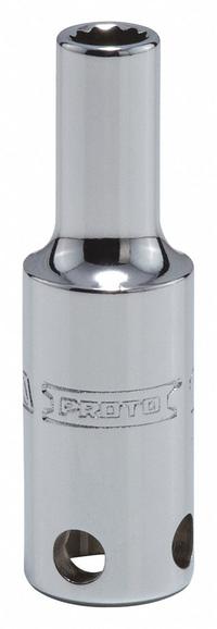 PROTO Socket: SAE, 3/8 in Drive Size, 1/4 in Socket Size, 12-Point, Deep, Chrome, Tether Ready (MPN J5008-TT). Key specifications — attr1204417: PROTO; attr1204392: Chrome.