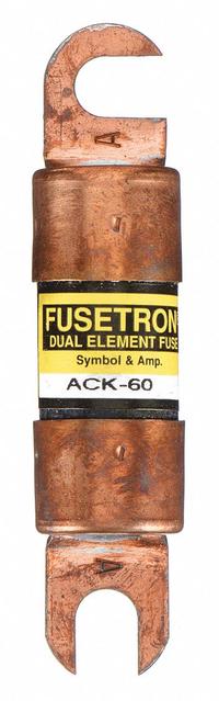 BUSSMANN Forklift Limiter Fuse: ACK Series, Bolt-On, Gen Purpose, 60 A, 130 V DC, Non-Indicating (MPN ACK-60). Key specifications — Brand: BUSSMANN; Series: ACK.