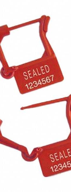 TYDENBROOKS Padlock Seals: Red, Plastic, 8 lb Breaking Strength, 1 53/100 in Lock Lg, 1,000 PK (MPN 6320000-1). Key specifications — Brand: TYDENBROOKS; Marking Color: White; Marking Included: Numbers; Marking Message: Sealed; Marking Numbering: Sequential; Lock Material: Plastic.