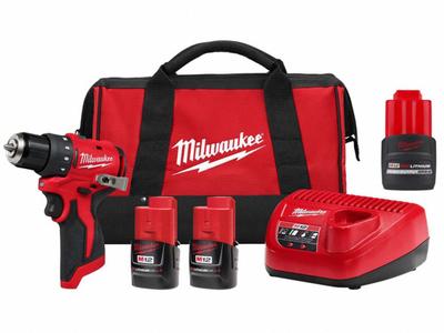 MILWAUKEE Drill/Driver Kit: M12, Subcompact, 3/8 in Chuck, 1,550 RPM Max., Brushless - Milwaukee Cordless Pistol-Grip Drills