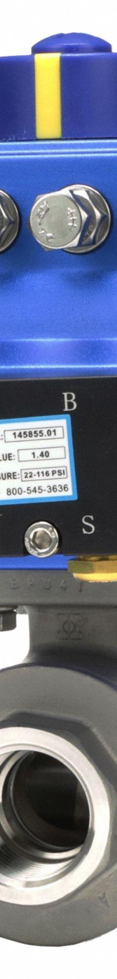 DYNAQUIP CONTROLS Pneumatically Actuated Three-Way Ball Valve: 3/4 in, Stainless Steel, L Flow (MPN PYSA4AJDA052A). Key specifications — Brand: DYNAQUIP CONTROLS; Included Pilot Solenoid: 115V AC Pilot Solenoid; Pilot Solenoid Voltage: 115V AC.