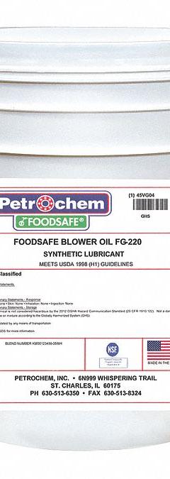 PETROCHEM Compressor Oil: 5 gal, Pail, 50 SAE Grade, 220 ISO Viscosity Grade, 158 Viscosity Index (MPN BLOWER OIL FG-220-005). Key specifications — attr59744: 158; attr59746: 220; attr59736: Yes; attr59735: Pail; attr59738: Blower Oil FG-220; attr59749: 50.