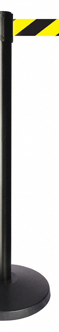 QUEUEWAY Barrier Post with Belt: Black/Yellow, Chevron, No Legend, 10 ft Belt Lg, Black (MPN QPLUS-33-D4). Key specifications — Base Material: ABS; Belt Color: Black/Yellow; Brand: QUEUEWAY; Post Material: Metal Alloy; Post Color: Black; Message: No Legend.