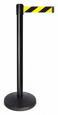 QUEUEWAY Barrier Post with Belt: Black/Yellow, Chevron, No Legend, 10 ft Belt Lg, Black (MPN QPLUS-33-D4). Key specifications — Base Material: ABS; Belt Color: Black/Yellow; Brand: QUEUEWAY; Post Material: Metal Alloy; Post Color: Black; Message: No Legend.